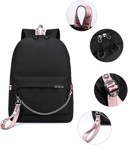 Vista 6 de Mochila Demon Slayer Nezuko Kimetsu con puerto de carga USB, mochilas de viaje informales personalizadas para niños y niñas, Negro, 17.7x15.6x5.9
