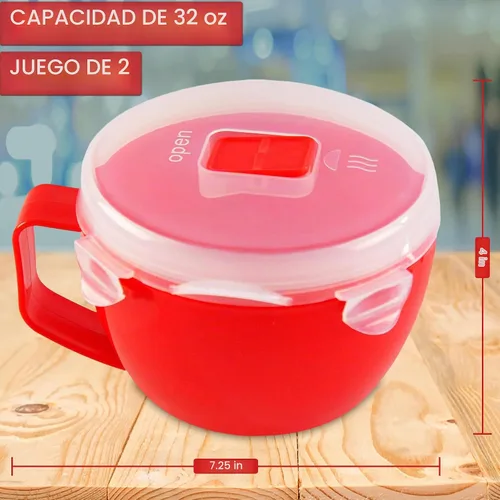 Vista 3 de Home-X Juego de 2 cuencos para microondas con tapa, tazón de ramen apto para microondas con ventilación de liberación de vapor y clips de fácil