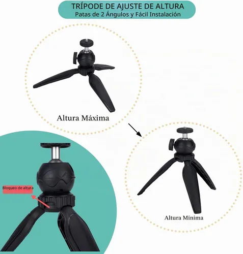 Vista 4 de Mini trípode para cámara con soporte para teléfono y soporte GoPro, cabezal de bola 360, negro, compatible con DSLR, GoPro, Smartphone, Webcam