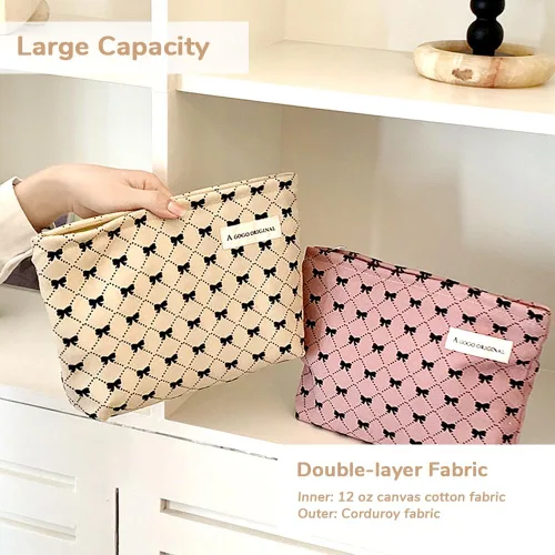 Vista 2 de Bolsa de maquillaje estética grande, bolsas de cosméticos florales para mujeres y niñas, organizador de maquillaje de lona con cremallera, bolsa