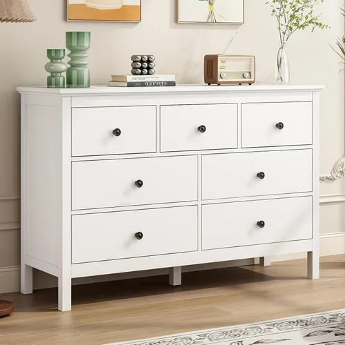 Vista 8 de Cómoda de roble para dormitorio, cómoda moderna de 7 cajones de 47 pulgadas con asas negras Cómoda de almacenamiento de madera de estilo natural