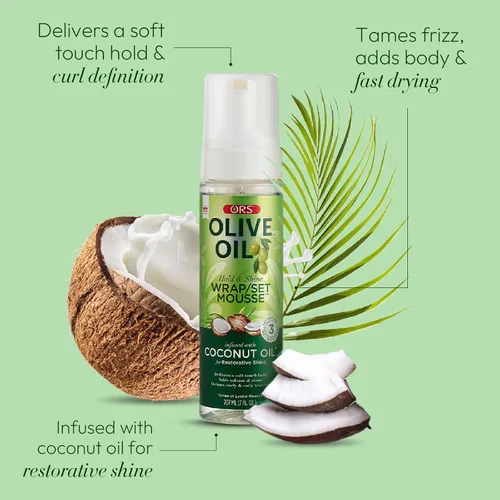 Vista 4 de ORS Set de envoltura de aceite de oliva Hold & Shine Mousse infundida con aceite de coco para un brillo reparador, 7 onzas