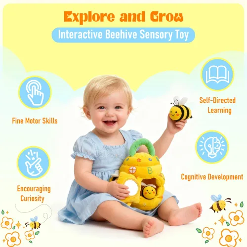 Vista 2 de Juguetes para bebés de 6 a 12 meses, juguetes Montessori de colmena para niños de 1 año con 5 abejas sensoriales de peluche, arrugados, sonajeros