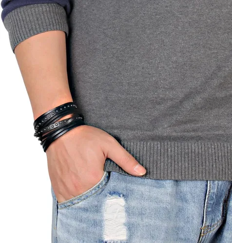 Vista 5 de GelConnie Pulsera de Cuero con Abrazadera para Hombres y Mujeres, Pulsera Vikinga de Cuero Gruesa, Pulseras de Cuero para Hombres, Pulsera