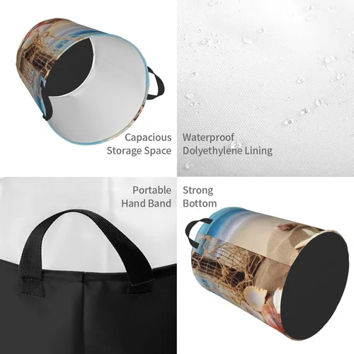 Vista 4 de Cesta circular impermeable con estampado de estrellas de mar y conchas marinas, cesta organizadora de ropa sucia con asas para ropa, juguetes