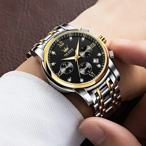 Vista 7 de OLEVS Reloj de pulsera para hombre con esfera multifunción, impermeable, luminoso, analógico, reloj de cuarzo con correa de acero inoxidable