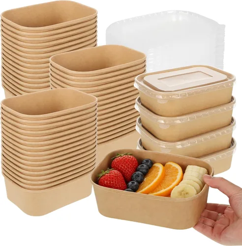 Vista 9 de Paquete de 50 cuencos desechables de papel kraft de 17 onzas con tapas, recipientes rectangulares de preparación de comidas a granel, ensaladera