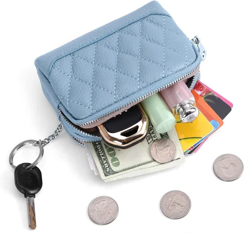 Vista 4 de XEYOU Monedero pequeño de piel auténtica con llavero y anillo, Azul, Casual