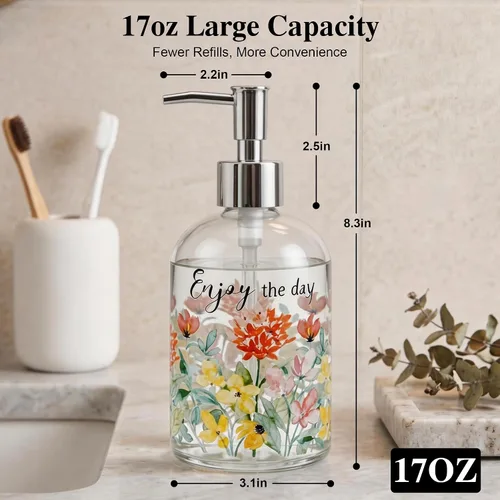 Vista 3 de Topadorn Dispensador de jabón de vidrio de 17 onzas con bomba, impresión floral de acuarela Enjoy the Day, botella líquida recargable para cocina