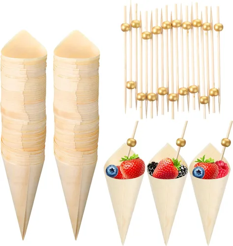 Vista 10 de Queekay 200 conos de madera desechables de madera de 5 pulgadas, cono de helado de perla, palillos de bambú para aperitivos, bebidas, boda, fiesta