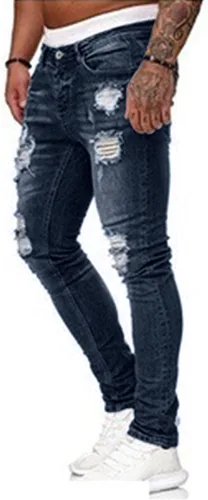 Vista 2 de HUNGSON Men's Blue Slim Fit Jeans Stretch Destroyed Ripped Skinny Jeans Side Striped Denim Pants