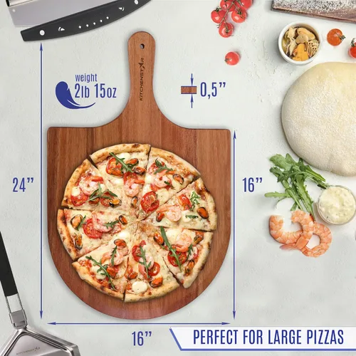 Vista 3 de KitchenStar Cortador de pizza con hoja basculante de 16 pulgadas + cáscara de pizza de madera de 16 pulgadas + piedra para pizza para horno