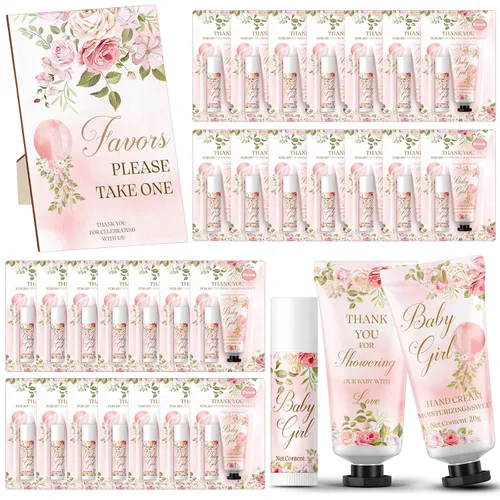 Vista 8 de Juego de 30 regalos de revelación de género para invitados, 30 piezas de crema de manos para baby shower de oso y 30 bálsamo labial con 1 soporte