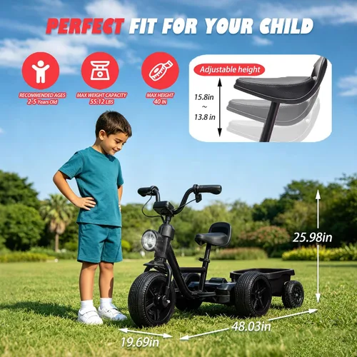 Vista 5 de Triciclo eléctrico de 12 V para niños, bicicleta para niños pequeños con estructura triangular estable, asiento ajustable, ruedas anchas de EVA Negro