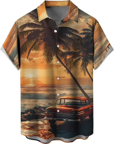 Vista 44 de Camisas tropicales con botones para hombre, camisas hawaianas de manga corta, casuales para vacaciones, camisas de playa holgadas Beige-playa escena