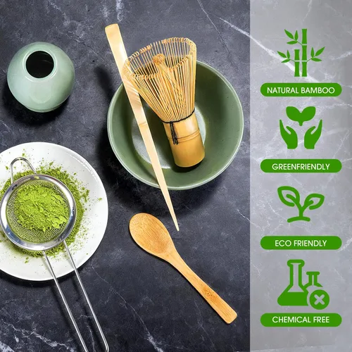 Vista 3 de Juego de 5 batidores de matcha, kit de batidores de matcha de bambú con soporte verde, accesorios de ceremonia de matcha japonesa, cuchara, batidor