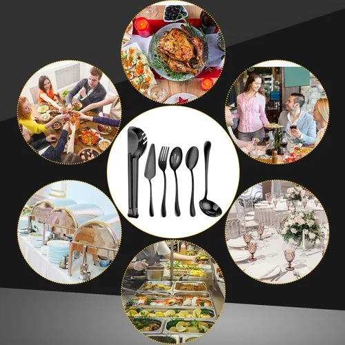 Vista 6 de Thenshop Juego de 30 utensilios de servir de acero inoxidable que incluye cucharas grandes, cucharas ranuradas, tenedores, cucharón de sopa, tarta