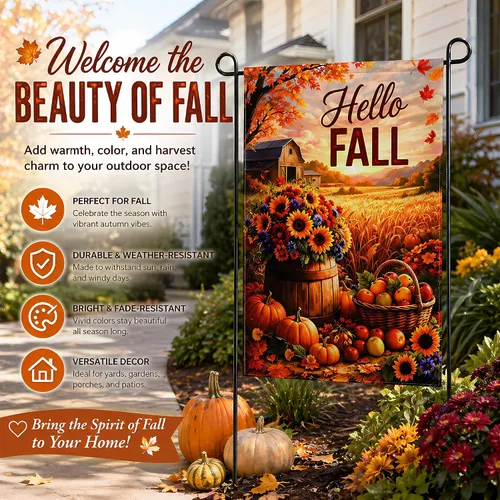 Vista 3 de Decoración de otoño – Bandera de jardín de «Hello Fall» Decoración de otoño de doble cara para exteriores, interiores, exteriores y exteriores