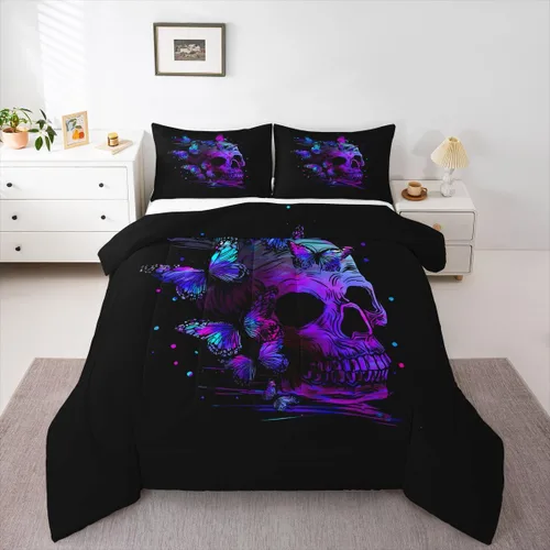 Vista 7 de Erosebridal Juego de edredón de calavera de Halloween, tamaño individual, juego de ropa de cama de calavera gótica para niños, adolescentes