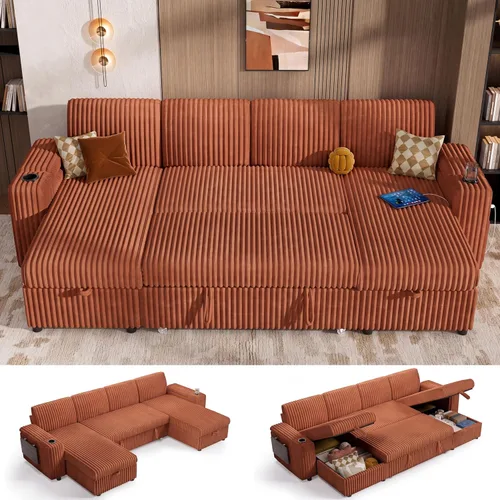 Vista 14 de Vipbear Sofá cama modular de 86 pulgadas con cama extraíble, sofá en forma de L de pana de felpa de 3 asientos con diván de almacenamiento, puertos