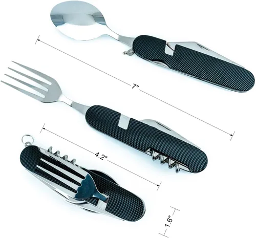 Vista 2 de Juego de cubiertos multifunción 6 en 1 para acampar, cuchara desmontable, tenedor, cuchillo, kit combinado con bolsa de transporte