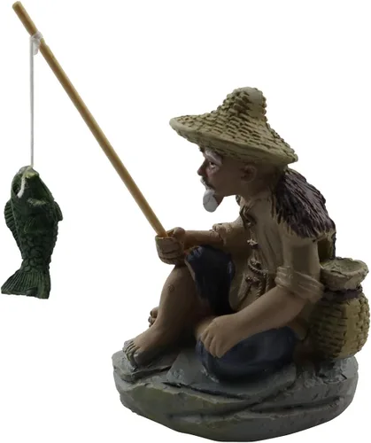 Vista 3 de LQ Industrial Mini figuras de pescador en miniatura, estatua de cerámica china, estatua de cerámica china, adorno de resina para pecera, bonsái