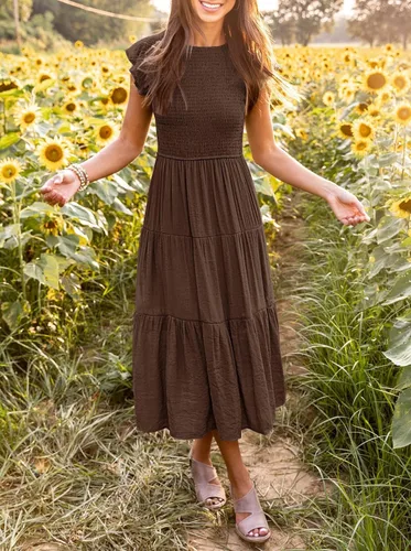 Vista 2 de MEROKEETY - Vestido midi fruncido de manga corta para mujer, vestido de verano casual, acampanado, con cintura elástica y escalonado