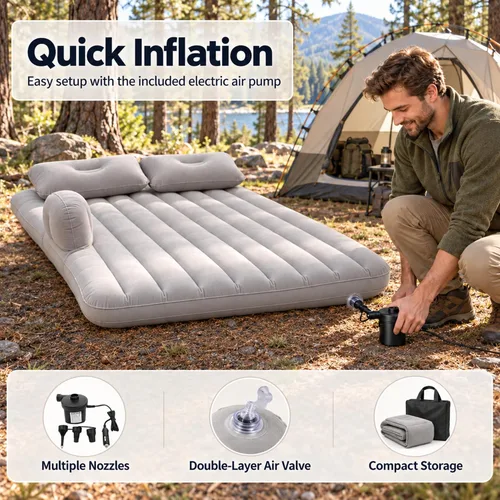 Vista 4 de Inflatable Car Air Mattress, Split Design Back Seat Car Travel Air Bed with Air Pump, Pillows & Support Column, Thickened Portable Blow Up Sleeping