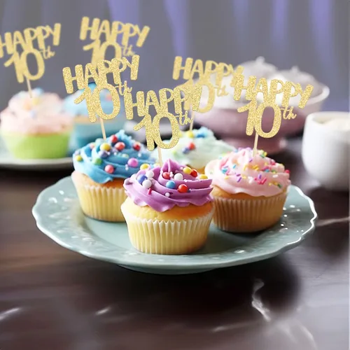 Vista 7 de Gyufise Paquete de 24 adornos dorados para cupcakes número 10 para celebrar cumpleaños de 10 años, bodas, aniversarios, fiestas, suministros