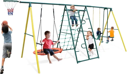 Vista 9 de Juegos de columpios de metal para patio trasero con asientos de columpio, deslizador, Teeter-Totter y columpio deslizante, juego de columpios