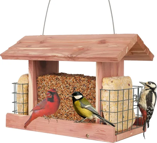 Vista 9 de Solution4Patio - Comedero para pájaros para exteriores, comedero tipo gazebo hexagonal de cedro de Estados Unidos con bandeja de malla ventilada