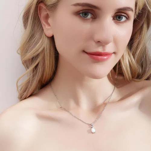 Vista 3 de AILUOR Collar con colgante de ópalo vintage, chapado en plata, piedra preciosa ovalada de ópalo blanco, joyería de moda para mujeres y madres, amor
