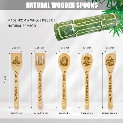 Vista 2 de Mercancía de película de terror Decoración Regalos de Navidad Cucharas de madera para cocinar, juego de decoraciones de cocina de bambú natural