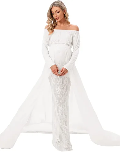 Vista 3 de ZIUMUDY Vestido de maternidad para sesión de fotos de manga larga con hombros descubiertos vestido de encaje ajustado con capa larga de gasa trian