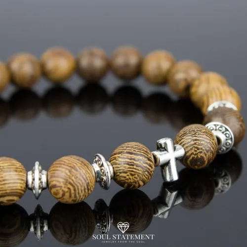 Vista 4 de Pulsera de cruz con cuentas de madera para hombres regalos de confirmación para adolescentes Primera Comunión Declaración de cruz religiosa