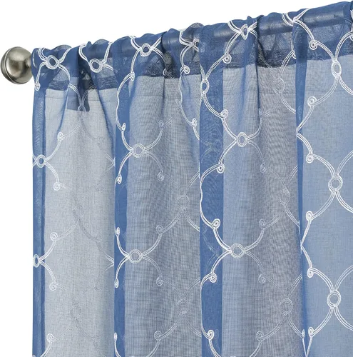 Vista 6 de Creative Home Ideas Cortinas transparentes (2 paneles, 38 x 63 pulgadas, azul), paneles de cortina geométricos bordados con alzapaños, cortinas