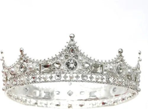 Vista 6 de FORSEVEN Corona de rey para hombre, tiaras de boda de perlas de cristal, para fiesta de cumpleaños, coronas redondas de Navidad Negro