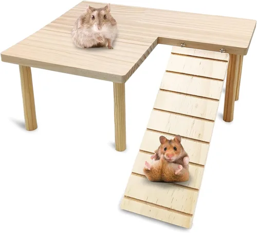 Vista 8 de BNOSDM Plataforma grande de madera para hámster con escalera, plataforma de pie de madera natural para hámsters sirios, conejillos de indias