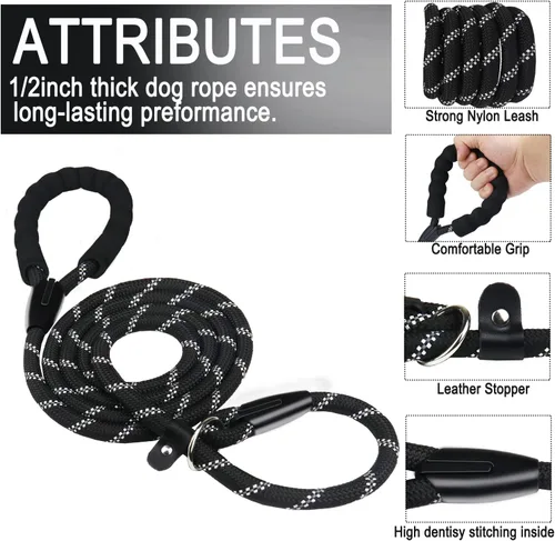Vista 2 de Correa para perro de 3.9 pies, duradera, de alta calidad, resistente, con mango acolchado cómodo e hilos altamente reflectantes para perros Negro