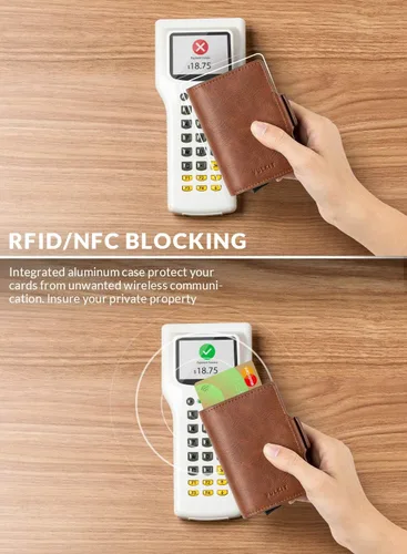 Vista 3 de VULKIT Tarjetero de cuero con bloqueo RFID, billetera desplegable automática con bloqueo RFID, cartera magnética para tarjetas doble para hombres