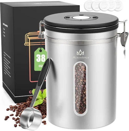 Vista 10 de Recipiente para café de 35OZ en color beige, de acero inoxidable 304, recipiente hermético de cocina para almacenamiento de café en grano o molido