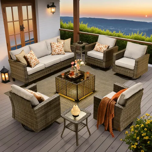 Vista 19 de ovios Juego de muebles de patio de 4 piezas con sofá de exterior, luces solares, mesa, cojines cómodos, sofá de conversación de mimbre de ratán