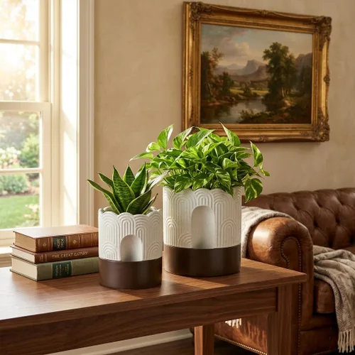 Vista 7 de Nihow - Macetas de cerámica con riego automático para plantas de interior, 6 pulgadas, color beige Visible Water Level Fill Port,Planter with