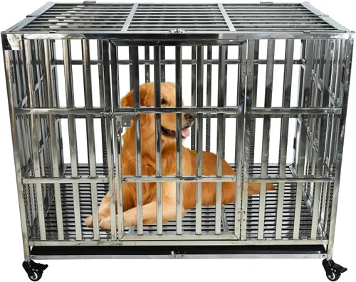 Vista 12 de Confote Jaula de metal resistente de 37 pulgadas, jaula para mascotas de alta ansiedad con ruedas bloqueables y puertas dobles para perros pequeños