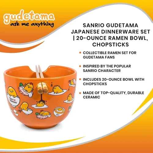 Vista 7 de Gudetama - Juego de vajilla japonesa de cerámica Incluye cuenco de ramen de 20 onzas y palillos de madera Juego de platos de comida asiática
