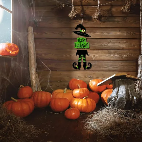 Vista 6 de Yerliker Decoración de letrero de Halloween con patas de bruja, sombrero de madera para colgar, decoración de pared de madera, versión rústica
