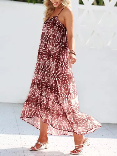 Vista 4 de ANRABESS Vestido largo de alto bajo de verano para mujer, con volantes altos y bajos, con tirantes delgados, con estampado de vuelo