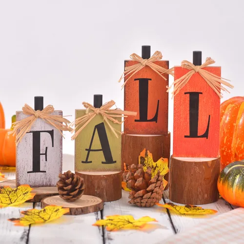 Vista 5 de Ovootok Decoraciones de otoño para el hogar, 4 letreros rústicos de decoración del hogar, centros de mesa de otoño para mesas, juego de bloques