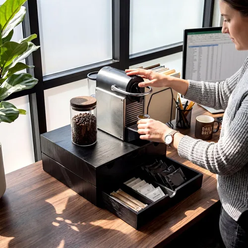 Vista 5 de Caja de té de café con cajón de madera para cápsulas, cuádruple, Negro