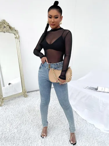 Vista 5 de Floerns Top transparente de manga larga con brasier para mujer